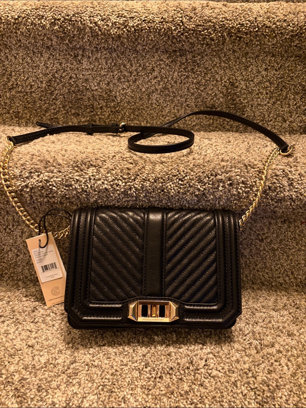 Rebecca Minkoff Black Quilted Leather Love Crossbody with Gold Chain